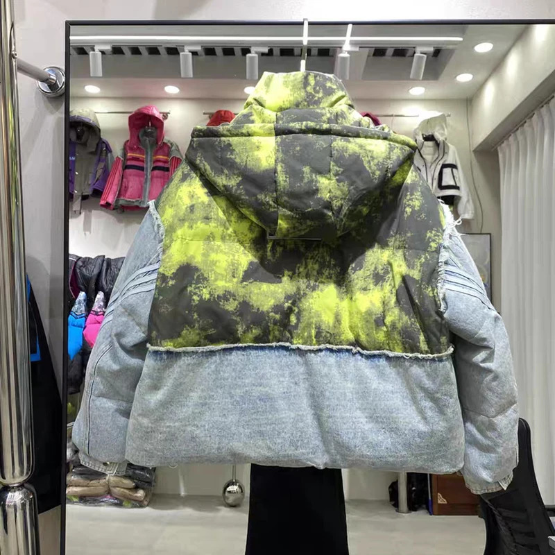 Winter Short Denim Spliced Removable Hooded Down Jacket Women White Duck Patchwork Jackets Female Thick Warm Parka Outwears 251017