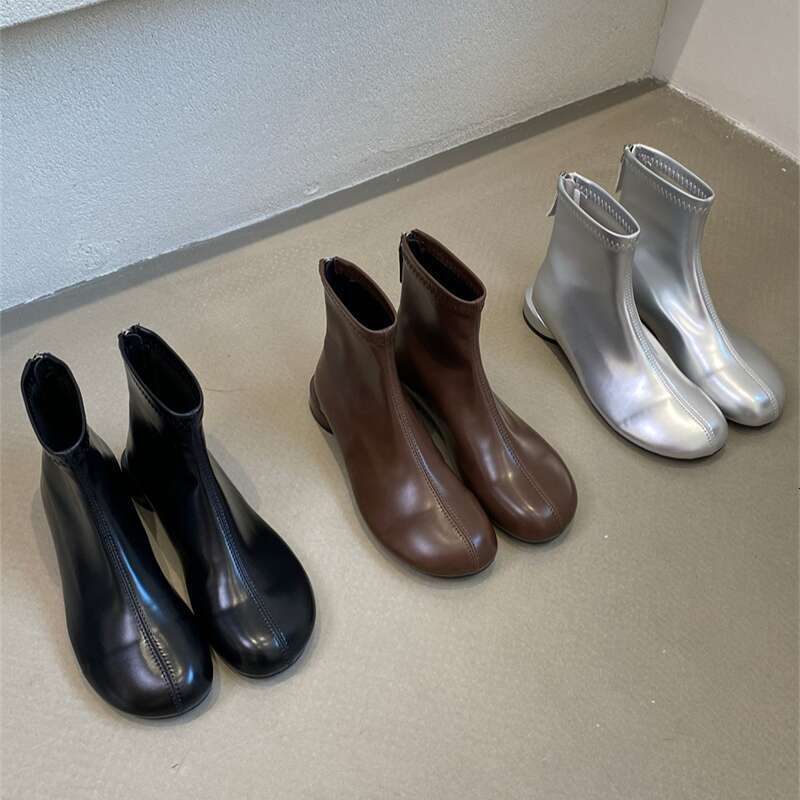 Round Toe Slim Thick Heel Ankle for Women 2025 Autumn Winter Designer Shoe Versatile Back Zipper Short Soft Leather Niche Martin Boots