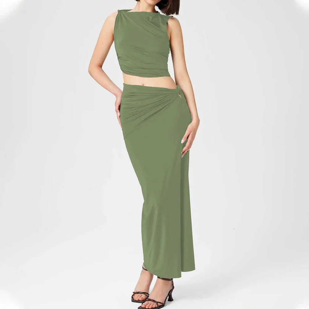 Talenza Knitted Long Skirt Set 2piece Womens Solid Color Slim Casual Skirt Set Sleeveless Pullover Vacation Long Skirt Set 251014