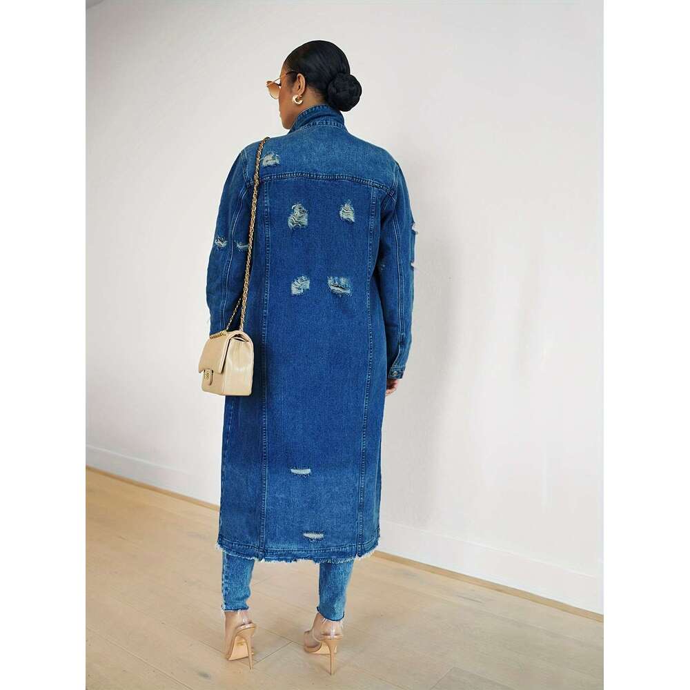 VOCKOO Women's Casual Faux Denim Trench Coat, Sleeve, Solid Color, Non-Stretch, Long Length, With Washed Detail, For Fall/Winter Collection