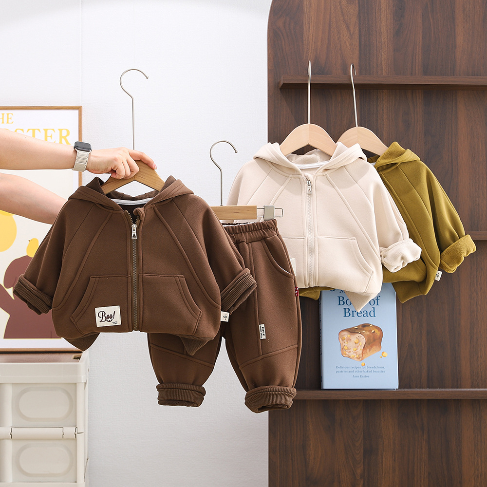 Boys' Plush Set 2025 Stylish New Children's Winter Boys' Baby Autumn Winter Solid Color Zipper Two Piece Set Trendy Free Shipping