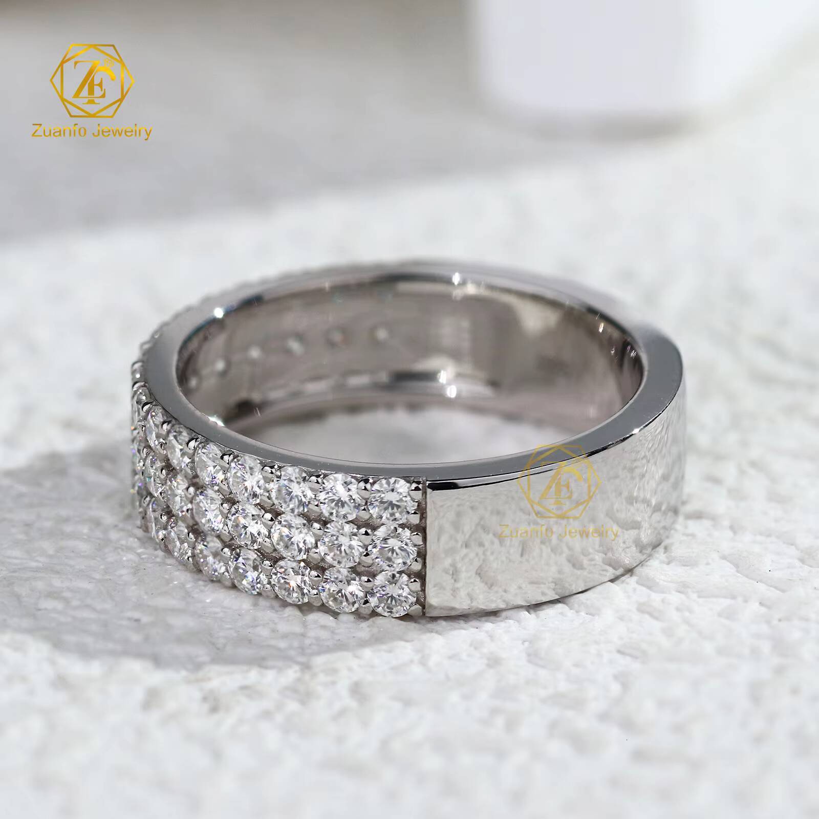 Custom VVS Moissanite Gemstone Ring 925 Sterling Silver White Gold 3Rows Moissanite Half Eternity Band Fine Ring