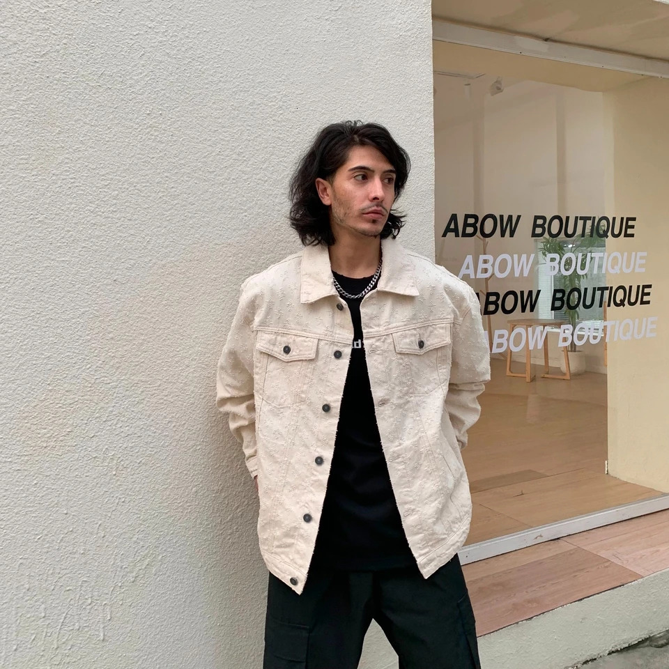 European Autumn Winter Ivory White Denim Coats For Men Jacquard Pattern Ripped Washed Male Oversized Jeans Jackets 251014