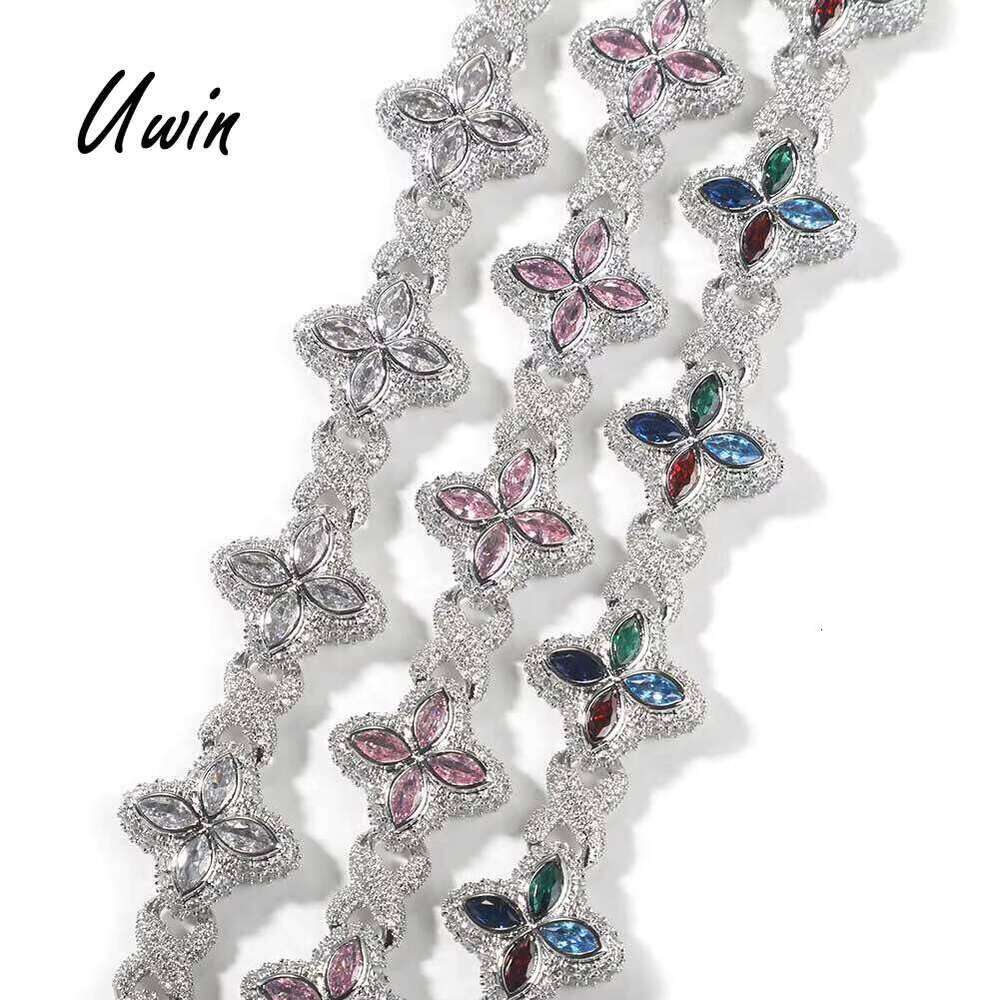 UWIN Customs Duty Hip-Hop Pink Clover Straight Pull Iced Flower Infinity Chain Bracelet for Men and Women Z260313