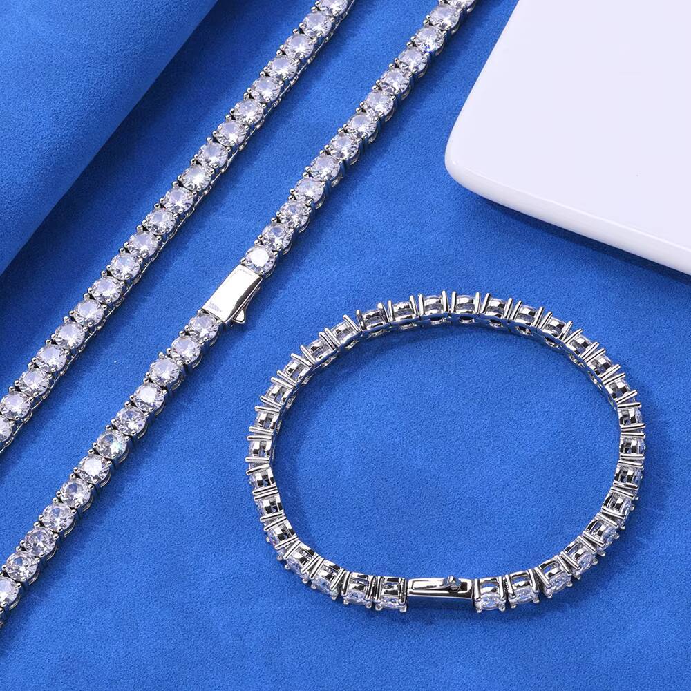 NUOYA Moissanite Tennis Chain Necklace 925 Silver Iced Out Round Cut Pass Diamond Tester Tennis Chain Womens Fine Jewelry Gift