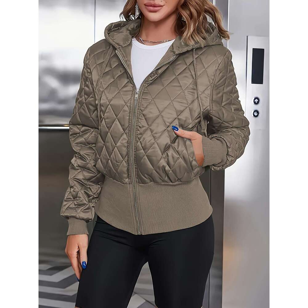 Women's Thick Zip-Up Hooded Jacket Olive Green Full-Zip Front Closure, Non-Stretchy Structured Fit Coat For Casual, Formal, - Hine Washable Outer