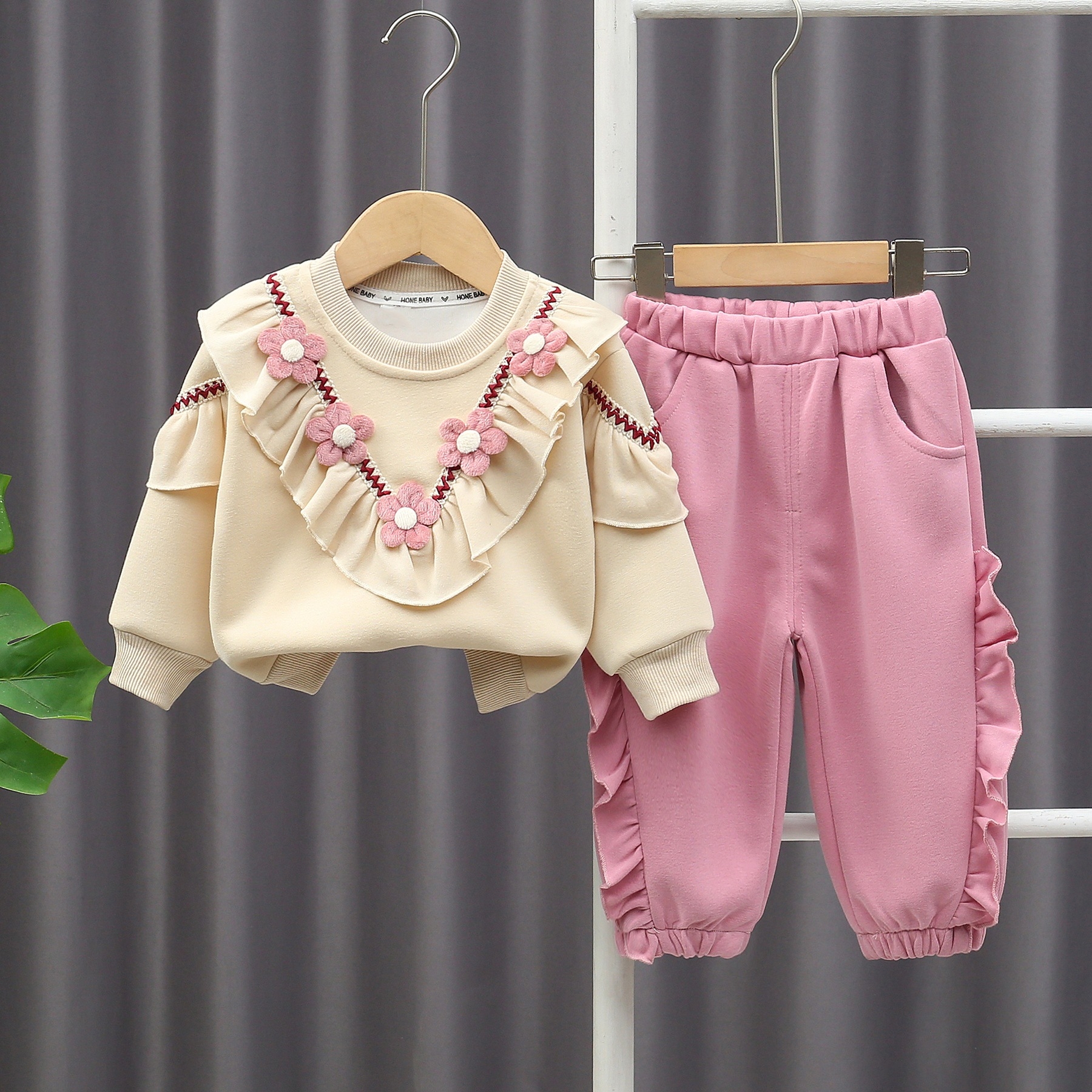 Girls' Spring and Autumn Flower Hoodie Set 2024 New Style Baby Girl Fashion Lace Top Children's Spring Two Piece Set Free Shipping