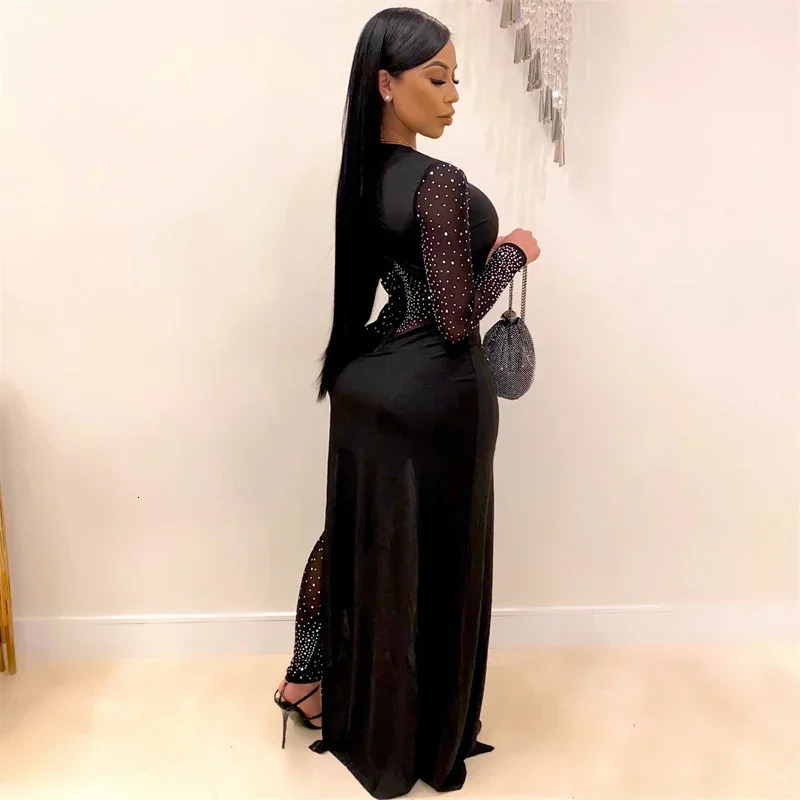 Sexy Rhinestone Jumpsuits for Women Long Sleeve Sheer Mesh Patchwork Skinny Night Party Club Romper Overalls Birthday 251016