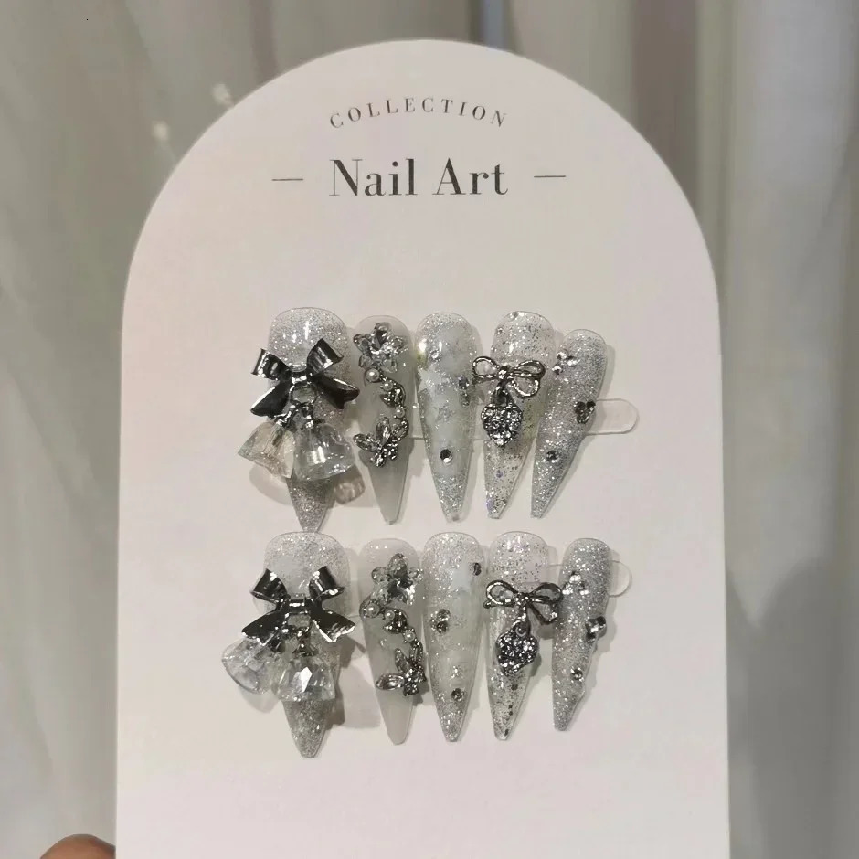 Glitter Handmade Nails Broken Diamond Gradient Fake Nails Snowflakes Nail Art Patches Bowknot Bells Christmas Nail 251015