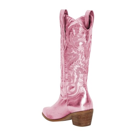 Chengdu Hand-Embroidered Western Boots Chunky Heel Pointed Toe Slip-On Mid-Calf Riding Boots Pink