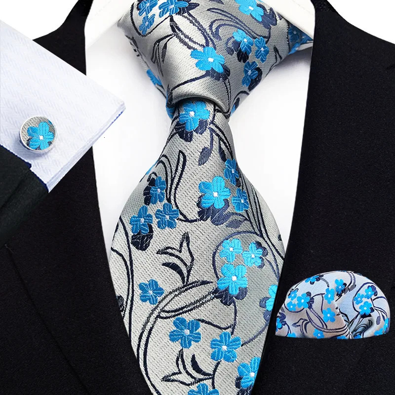 Floral Blue Ties For Men Wedding Party Business Man Tie Handkerchief Brooch Cufflinks Set Men Accessories Gravata 251014