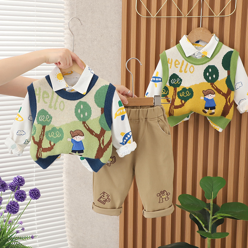 Boys' Autumn Set, Baby's Cute Spring and Autumn Long Sleeve Shirt, Little Boys' Sweater 3-Piece Set, Children's Stylish Clothes fr