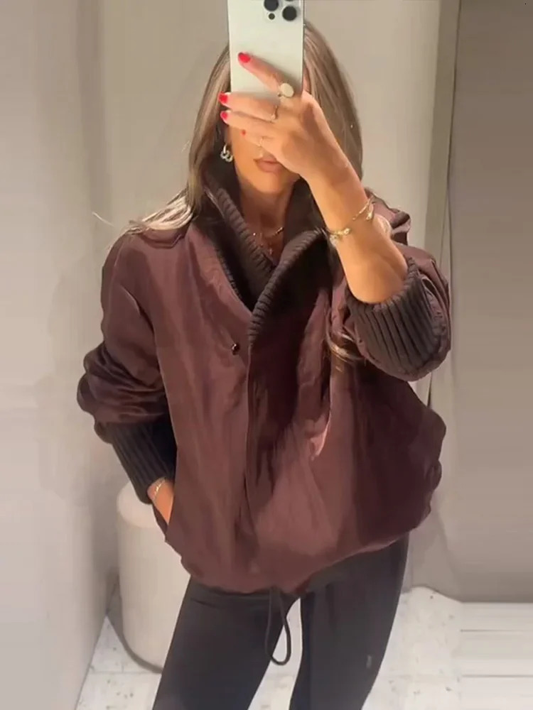 Casual Patchwork Lapel Coats Women Loose Zipper Pockets Full Sleeve Drawstring Short Jacket 2025 Autumn Lady Commute Outerwear 251010