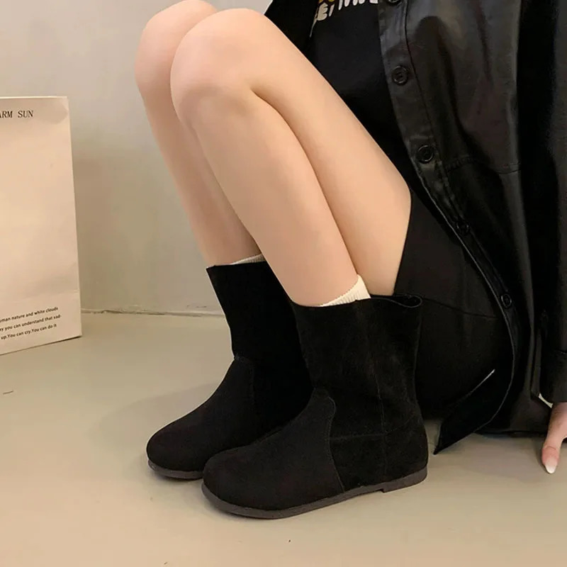 Fashion Autumn Women MidCalf Boots High Quality Cow Suede Leather SlipOn Flat Heel Casual Boots Ladies Handmade Retro 251011