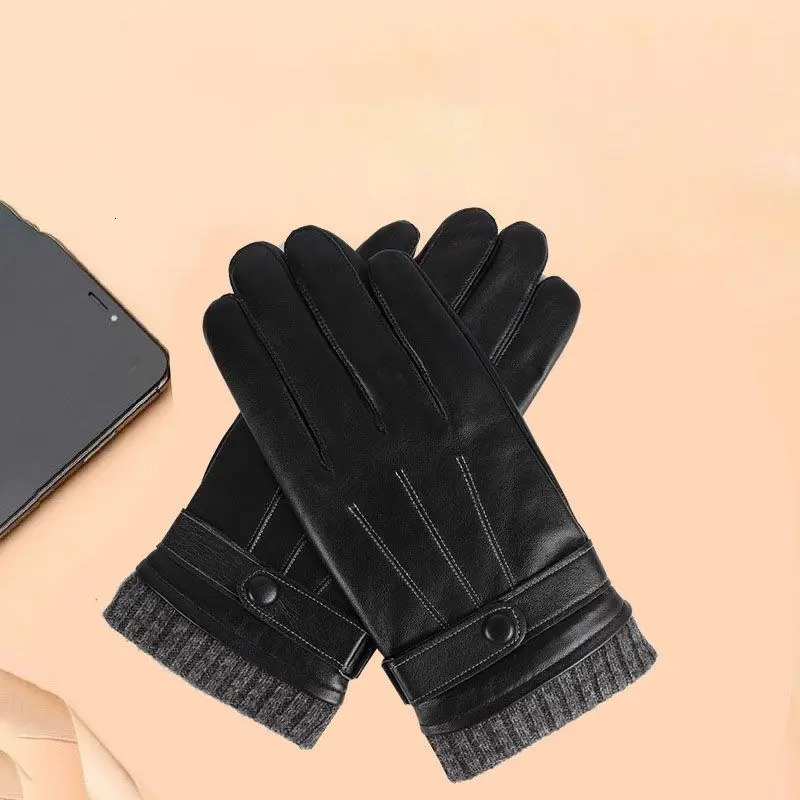 Winter Genuine Sheepskin Leather Gloves Men Warm velvet lined Full Finger Touchscreen Outdoor Cycling Driving Motorcycle Gloves 251015