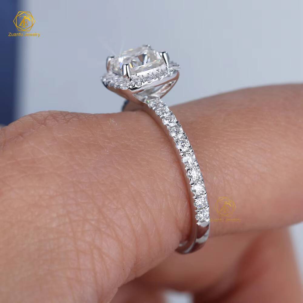Adjustable S925 Silver 1CT 65mm Cushion Cut Moissanite Engagement Wedding Ring with Diamond Halo Moissanite Jewelry