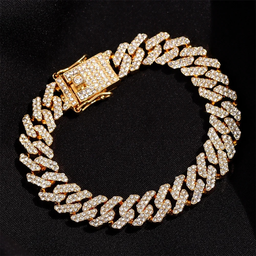 12MM Rhinestones Prong Iced Out Cuban Link Chain Hip Hop Bracelet Men Women Gold Color Bling Cuban Bracelet Jewelry A 251018