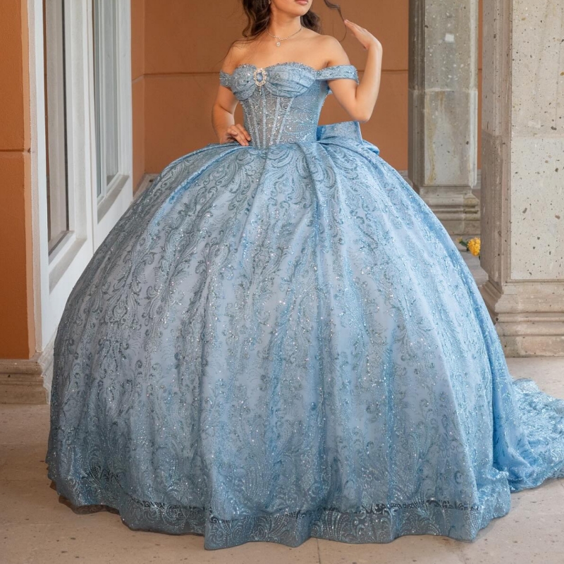 Pink Shiny Quinceanera Dresses Off The Shoulder Sequin Applique Lace Beading Crystal Bow Tull Party Birthday Sweet 16 Dres Vestidos 15 De Anos