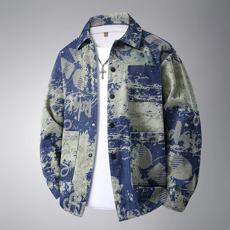 8XL Cowboy Coat for Men Autumn Cargo with Print Denim Jackets Man Cowgirl Fashion Joker Trendy Washed Rock Korean Coats 251014