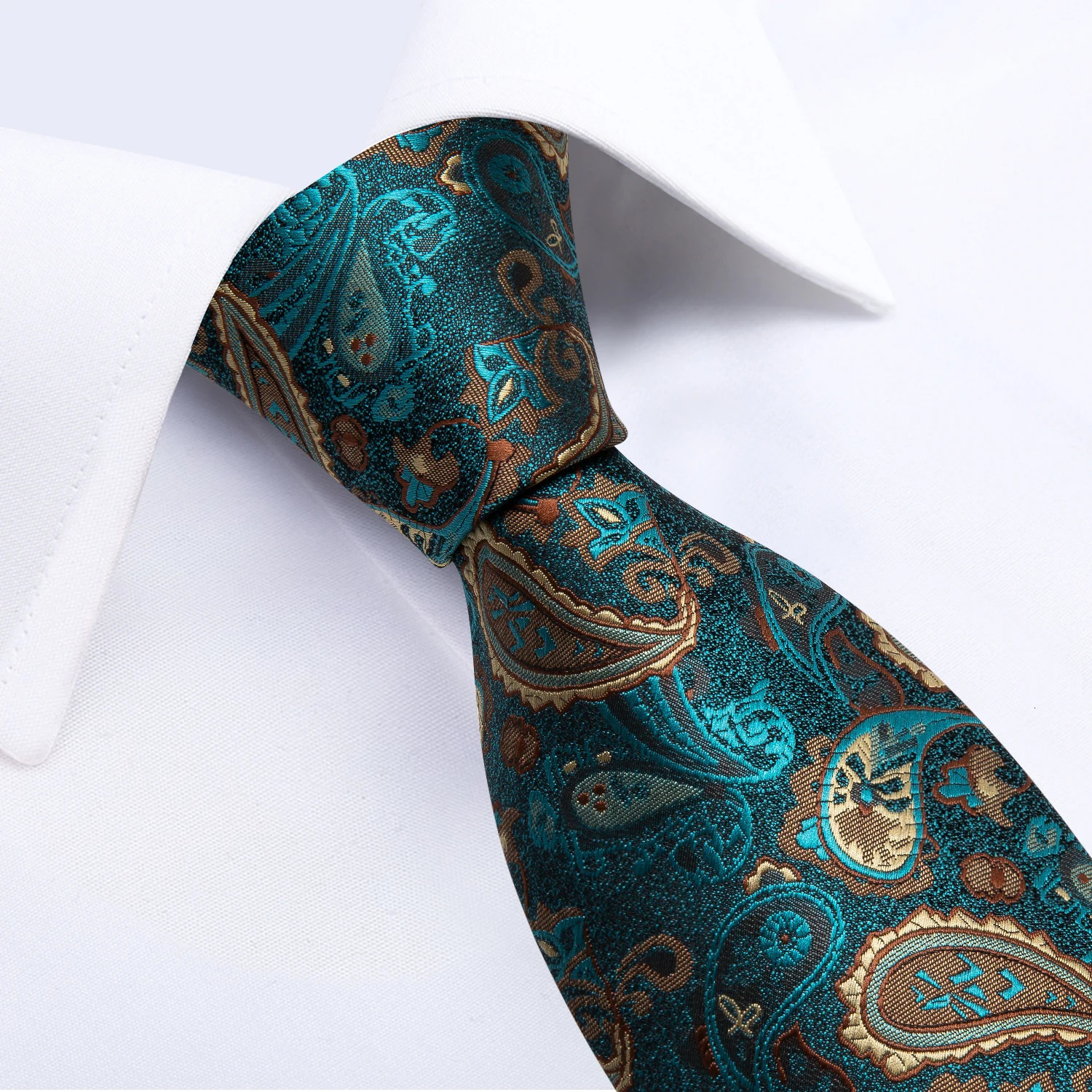 8cm Mens Silk Polyester Ties Pocket Square Cufflinks Green Gold Paisley Wedding Party Accessories Necktie Gift 251014