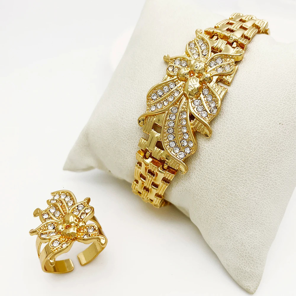 YTJX Wedding Jewelry Set Africal Big Flower Choker Necklace Fine Zircon Bracelet Piercing Earring Ring 18K Gold Plated Jewellery 251016