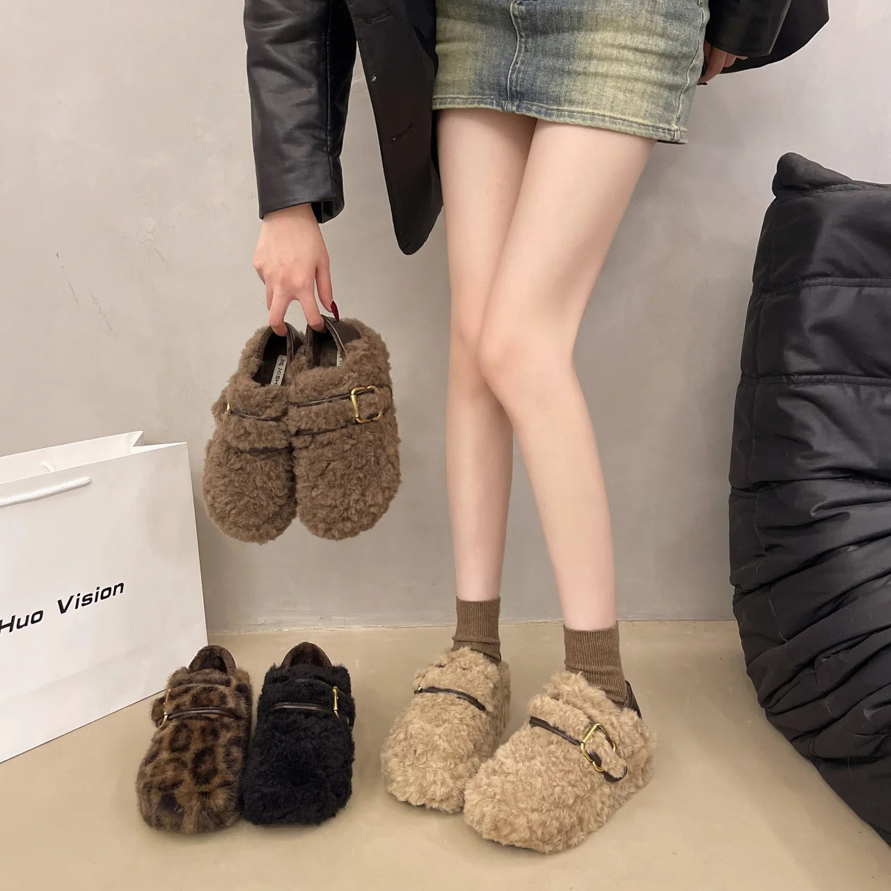thick botton wool fur flats women buckle belt leopard slip on loafers female round toe sheep fur winter shoes woman mocasines 251013