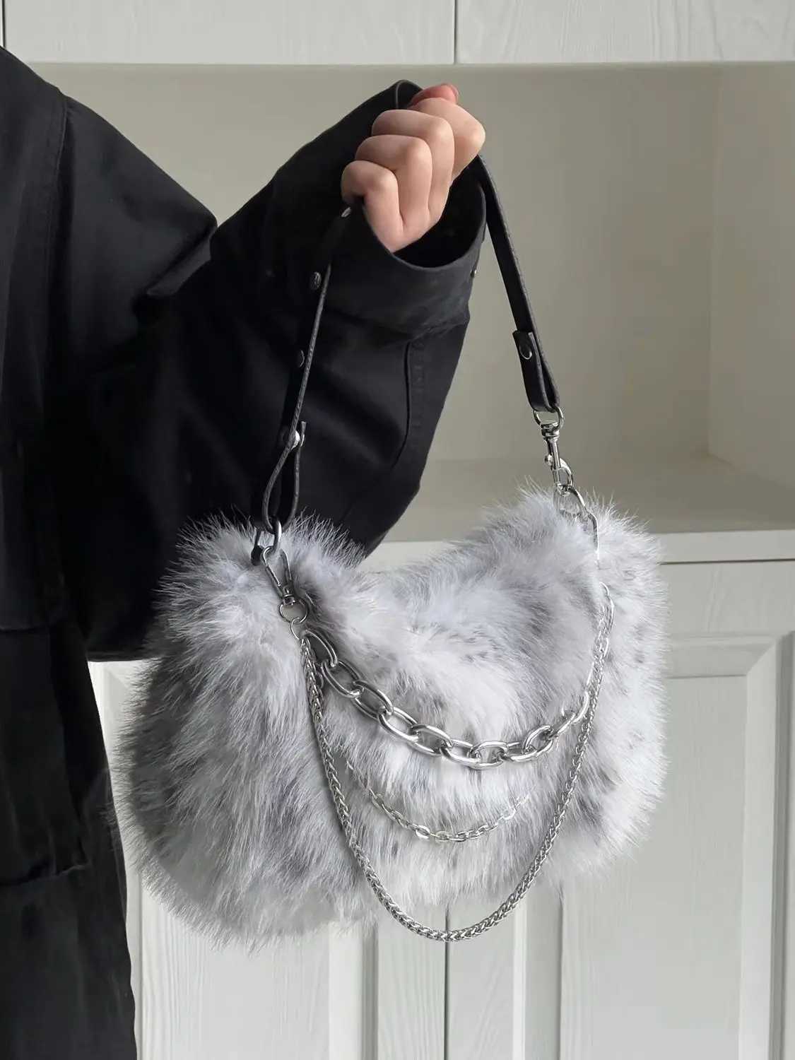 JIAERDI Vintage Y2K Handbag Women Autumn New Hot Girls Chain Plush Soft Shoulder Bag Ladies Harajuku Grey Underarm Bag Aesthetic Z251018