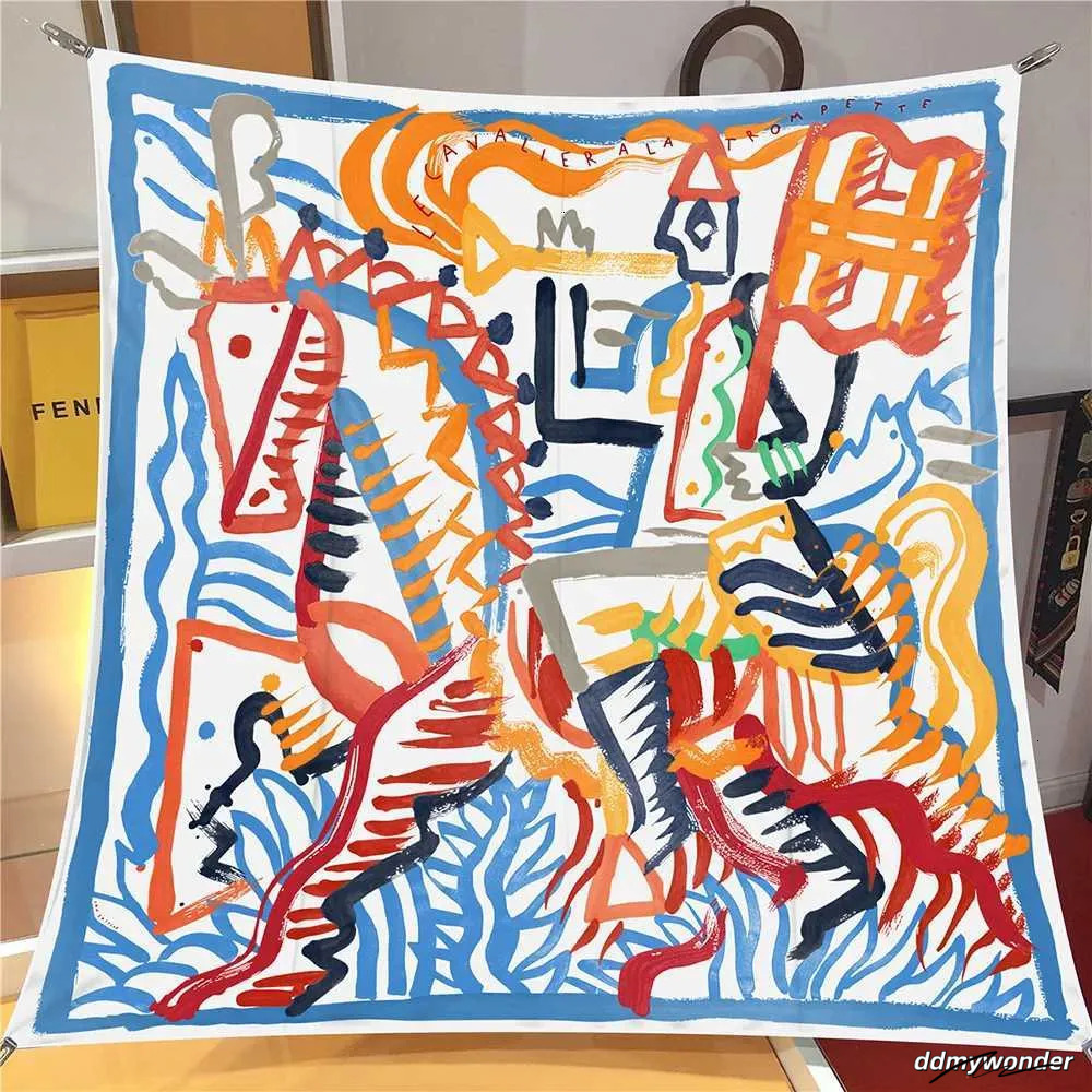 90Cm Twill Silk Scarf Shawl Graffiti Horse Print Square Women Hijabs Bandana Foulard Neckerchief Head Scarves M250709 Ddmywonder