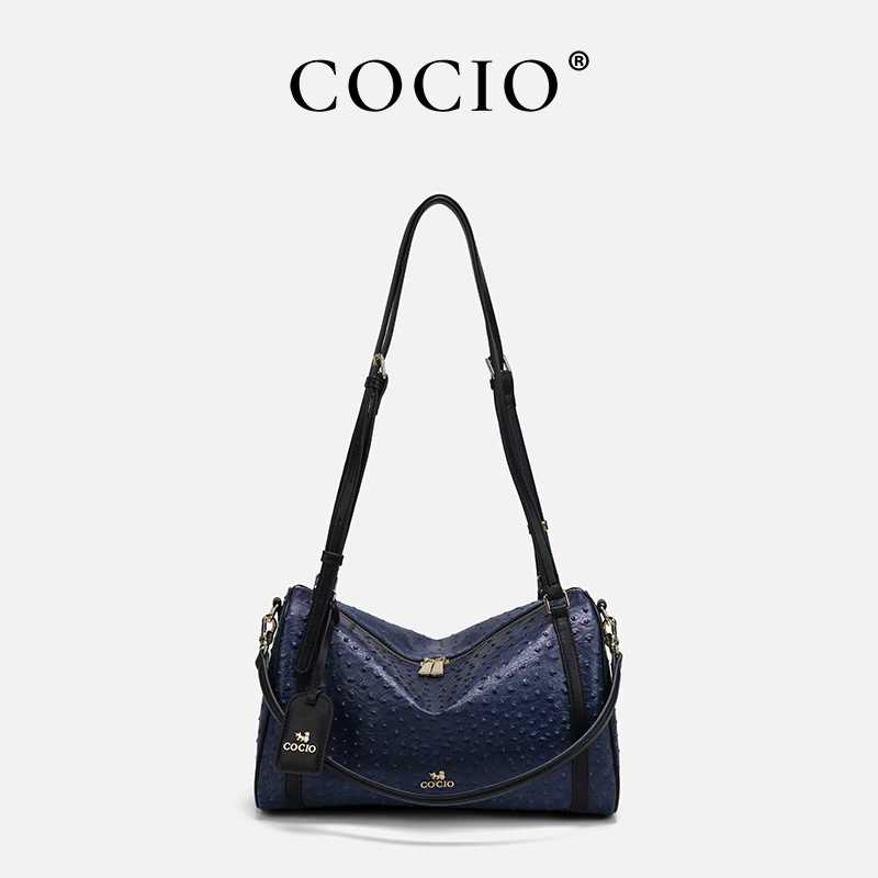 COCIO designer bag New leather light luxury Boston bag fashionable ostrich pattern outdoor large capacity shoulder bag