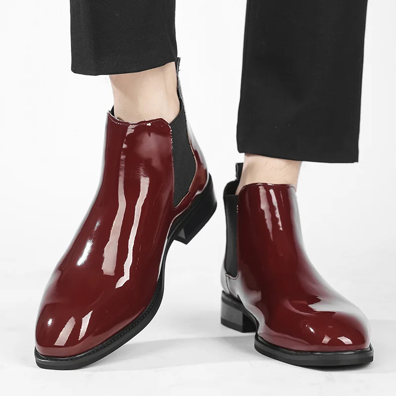 Chelsea Boots for Men Patent Leather Black Buckle Ankle Round Toe Business Classic Handmade Men Short Boots Botas De Hombre 251010