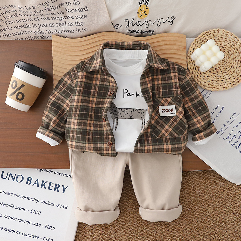 Boys' Spring and Autumn 2025 Autumn Edition Korean Edition Children's Fashionable Label Plaid Shirt 3-Piece Set Trendy