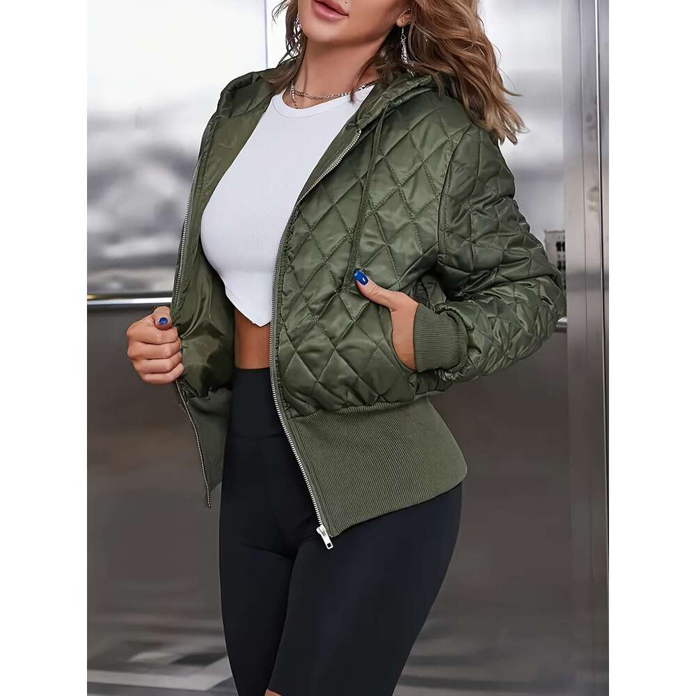 Women's Thick Zip-Up Hooded Jacket Olive Green Full-Zip Front Closure, Non-Stretchy Structured Fit Coat For Casual, Formal, - Hine Washable Outer