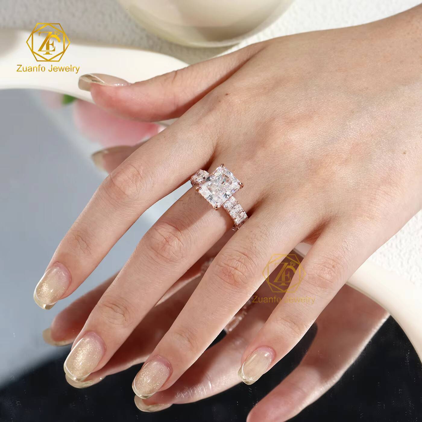 Hot Sale 5CT 9x11mm Moissanite Engagement Rings Rose Gold 925 Silver Eternity Ring Full Paved 3x4mm Radiant Cut Bridal Jewelry