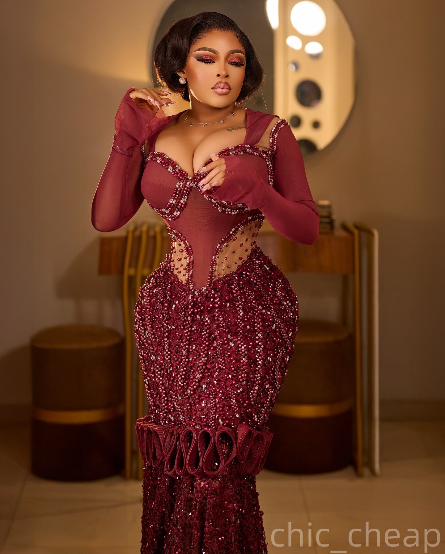 Burgundy Mermaid Prom Dresses 2025 Pearls Crystals Illusion Lace Evening Formal Party Second Birthday Engagement Gowns Plus Size Dress For Special Occ