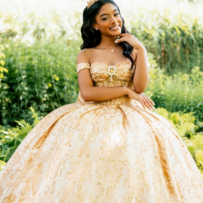 Champagne Shiny Quinceanera Dresses Off The Shoulder Sequin Applique Lace Beading Crystal Bow Tull Corset Party Birthday Sweet 16 Dres Vestidos 15 De 