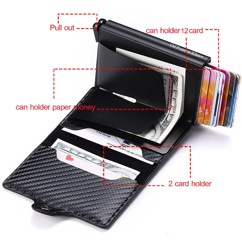 VM FASHION KISS Carbon Fiber High Quality Wallet Pu Leather RFID Security Double Aluminum Box Credit Card Holder Men Metal Purse 251013