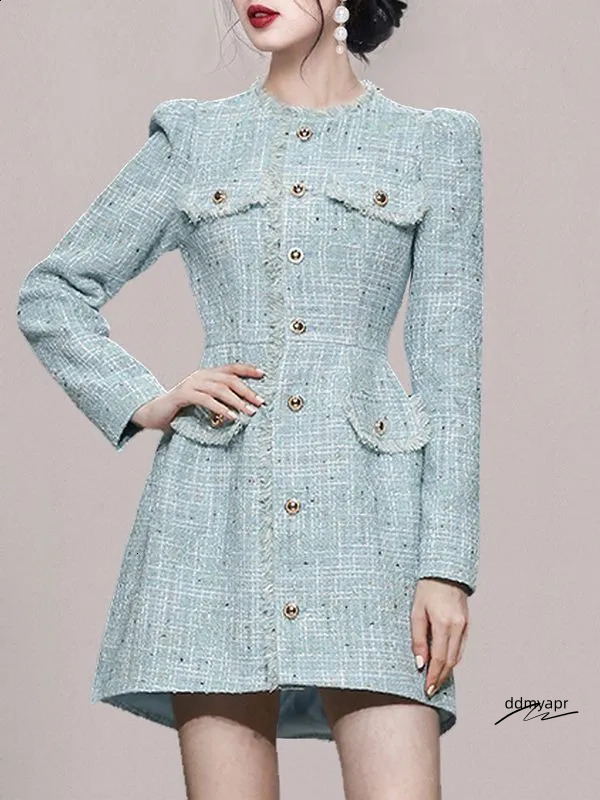 Womens Autumn And ddmyApr Winter Pullover Round Neck Panel Button Solid Color Slimming Mid Length Flower Tweed Long Sleeved Dress 240824