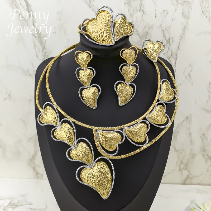 Heart Shaped Big Choker Gold Plated Jewelry Set Necklace Drop Earrings Bracelet Ring African Bridal Wedding Party Gifts 251016