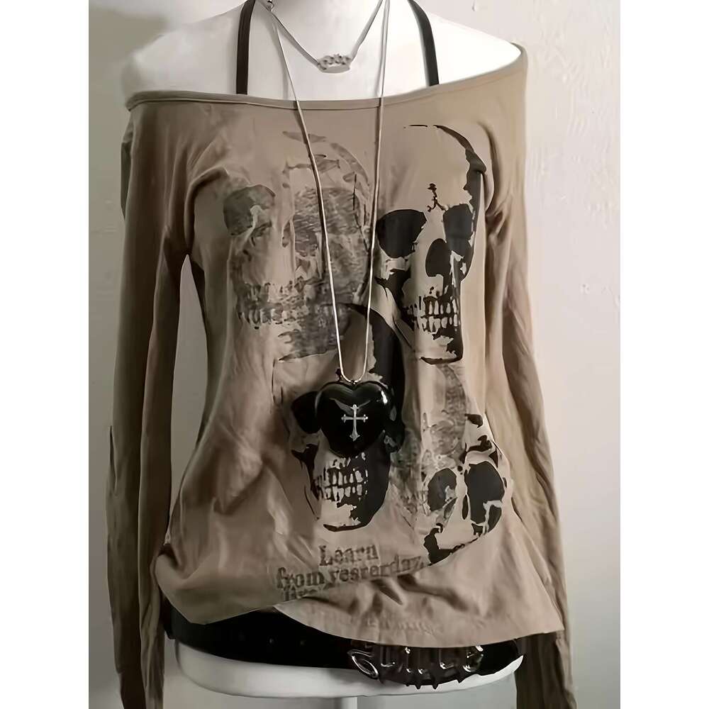 Gothic Skull Print Off-Shoulder Long Sleeve T-Shirt For Women - Black With White & Gray Design, Soft Polyester Fabric, Casual Streetwear Style,