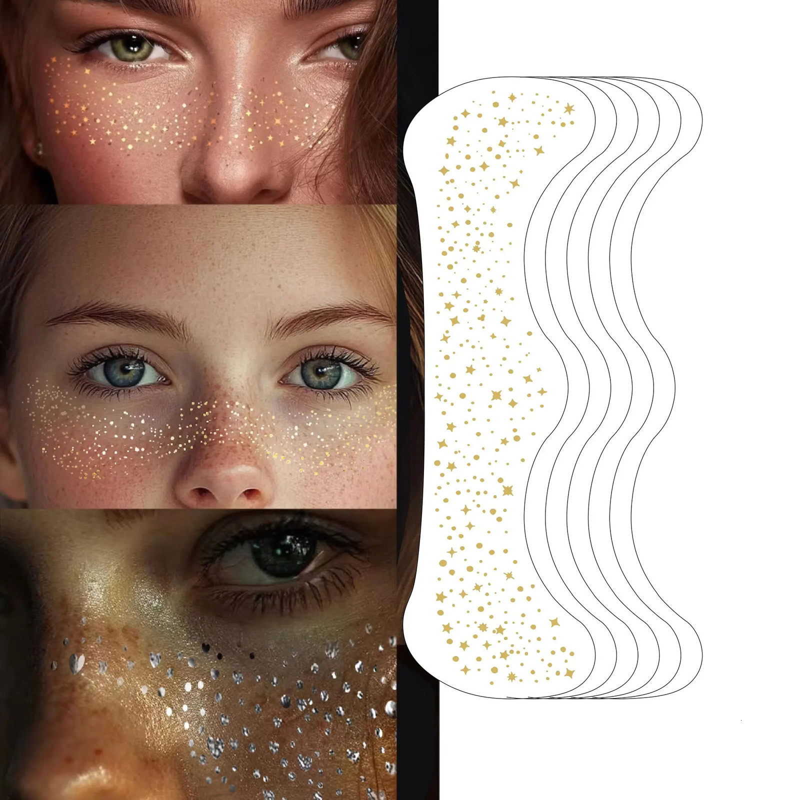 6pcs Silver Glitter Fake Freckle Tattoo Stickers for Face Makeup Waterproof Gold Temporary Tattoos for Women Holiday Music Party 251015