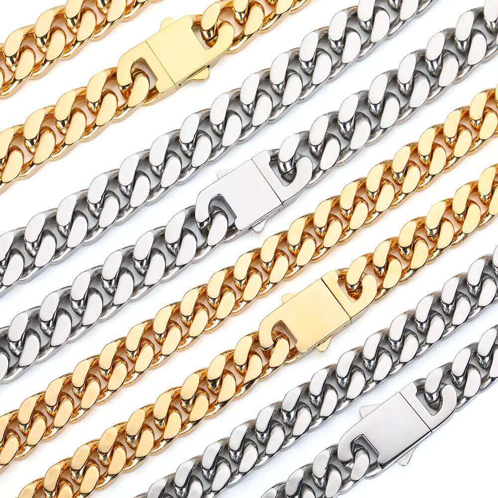 NUOYA 11mm Flat Men Hip Hop Rock Jewelry Gold sterling silver Curb Cuban Link Chain Four Sided Grinding Necklace for Women