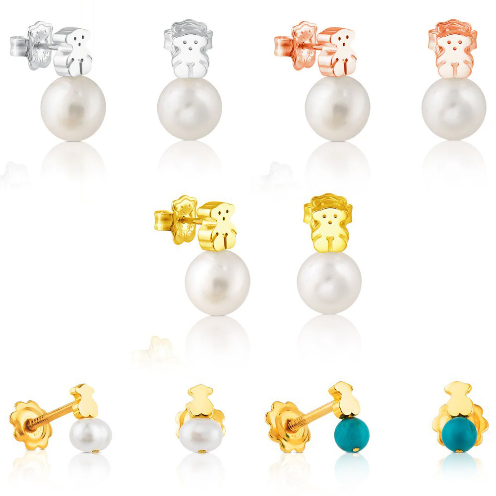 S925 sterling silver nature pearl lovely little bear stud earrings for women woman girls cute luxury turquoise bears animal designer earring ear rings jewelry