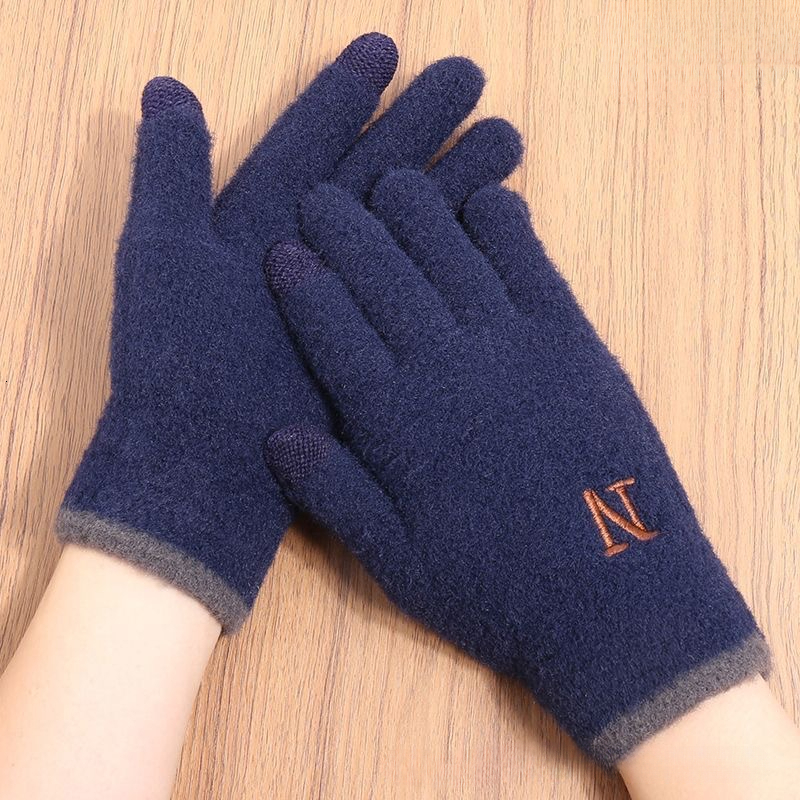 Men's Fleece-Lined Thickened Letter Embroidery N Cycling Winter Cold-Proof Warm Gloves Touchscreen