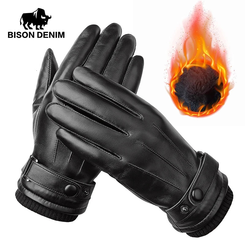 BISON DENIM Genuine Sheepskin Leather Men Gloves Autumn Winter Windproof Warm Flleece Touch Screen Full Finger Gloves for Men 251015