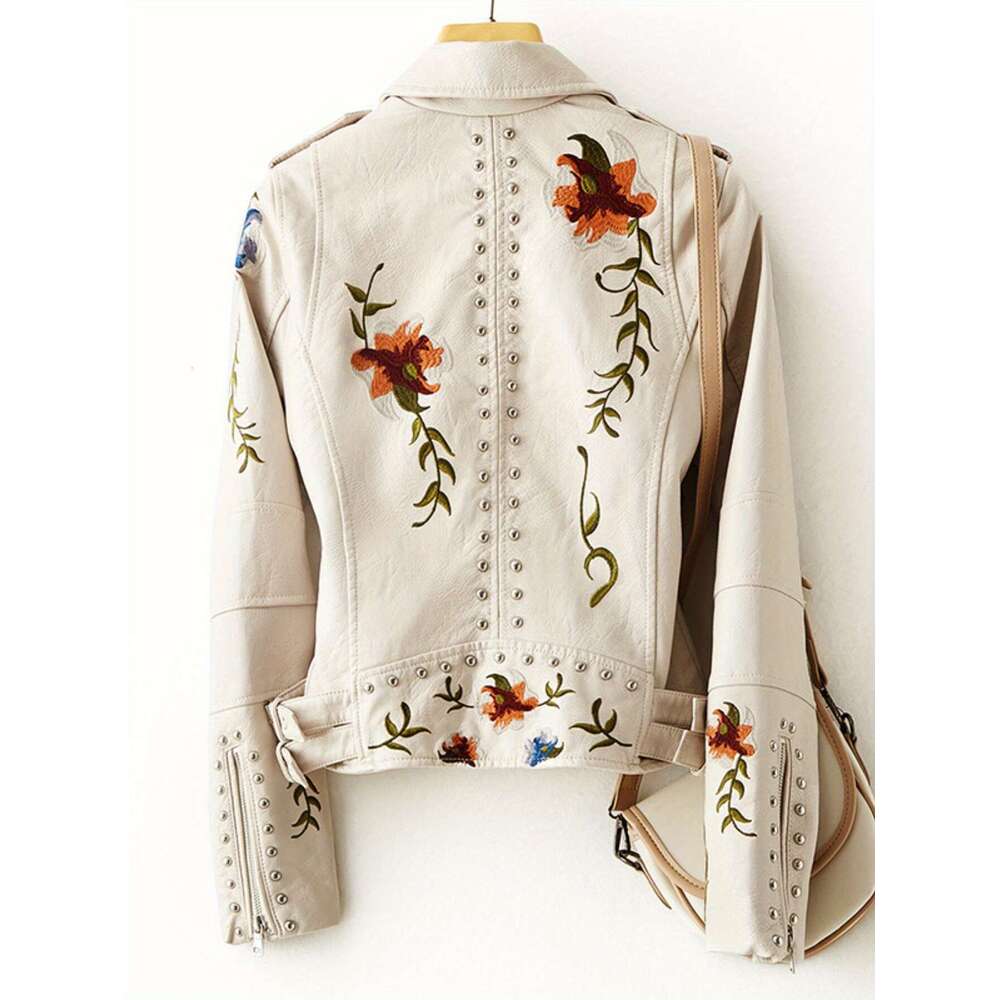 Women Floral Embroidered Moto PU Jacket Coat