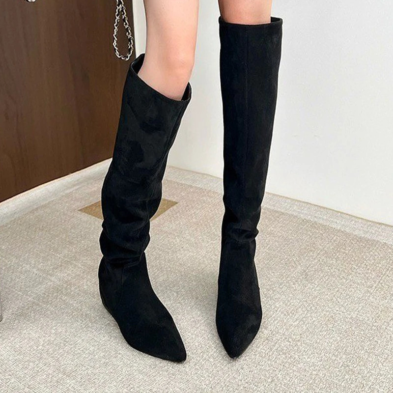 Wedges Women Long Boots Suede Fashion Pointed Toe Shoes Knee High Woman Winter Boots Dress Femme Botas 251011