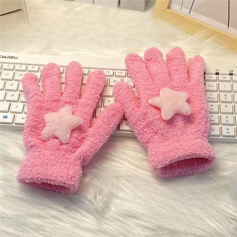 Ins Korean Milk Powder Star Gloves Coral Fleece Warm Student Winter Outdoor Cycling Bestie Same Style