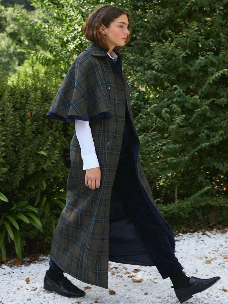 Elegant Double Breasted Cloak Long Coat Women Retro Chic Plaid Lapel Jackets Coats Female 2025 Autumn Classic Street Outwear 251010
