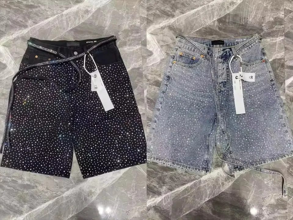 Streetwear Vintage Rhinestone Sequin Denim Short Y2K Jeans Hip Hop Washed Shiny Baggy Shorts Low Waist Casual Over The Knee Pant 251018