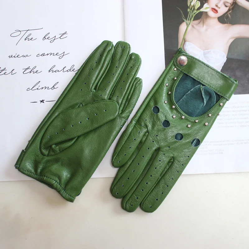 Womens Sheepskin Gloves Thin Unlined Rivet Style Colored Driving Leather Gloves 251015